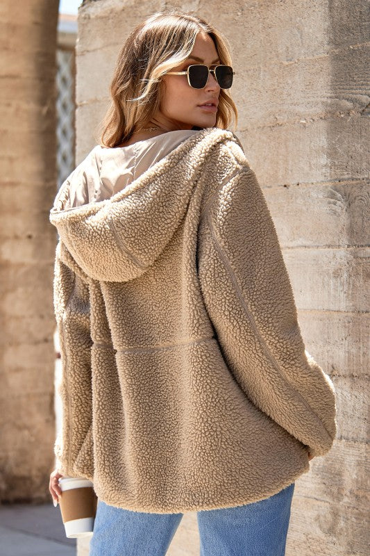 Women’s Fleece Zip Up Drawstring Hooded Pocketed Jacket