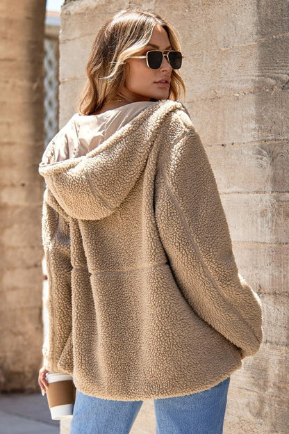 Women’s Fleece Zip Up Drawstring Hooded Pocketed Jacket