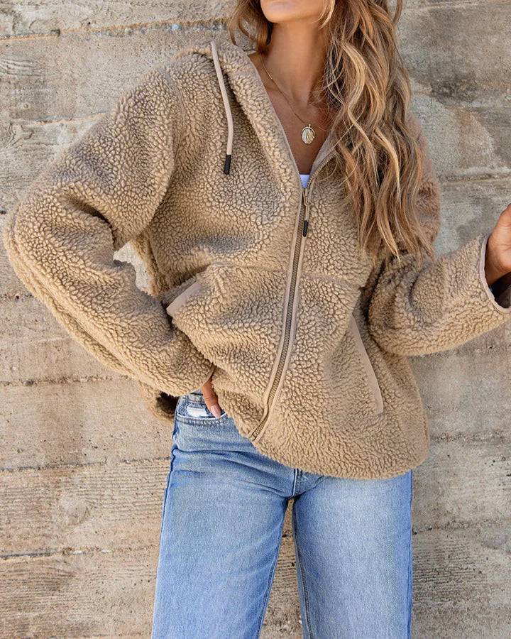 Women’s Fleece Zip Up Drawstring Hooded Pocketed Jacket